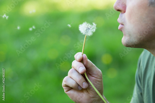 Valokuva Man blowing dandelion over blured green grass, summer nature outdoor
