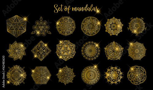 Gold color round abstract ethnic ornament mandalas. Round ornament decoration. Colorful flower patterns. Tattoo print
