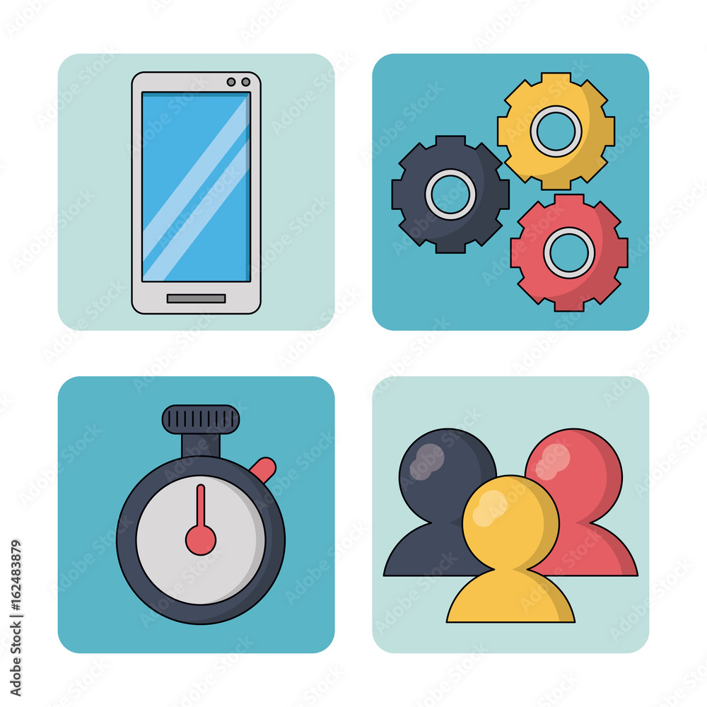 white background with colorful squares with smartphone and pinions and watch timer and chat white background with colorful squares with smartphone and pinions and watch timer and chat