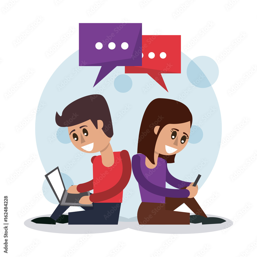color background of man and woman seated and text chat in smartphones and laptop computer