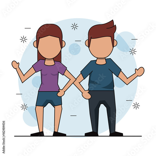 color background with faceless couple and her in short pants