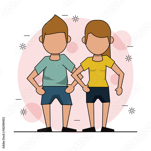 color background with faceless couple in short pants