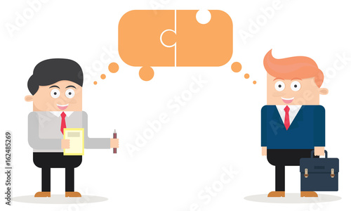 two cool caucasian businessman character holding puzzel pieces, team work, solution and cooperation concept flat cartoon vector illustration