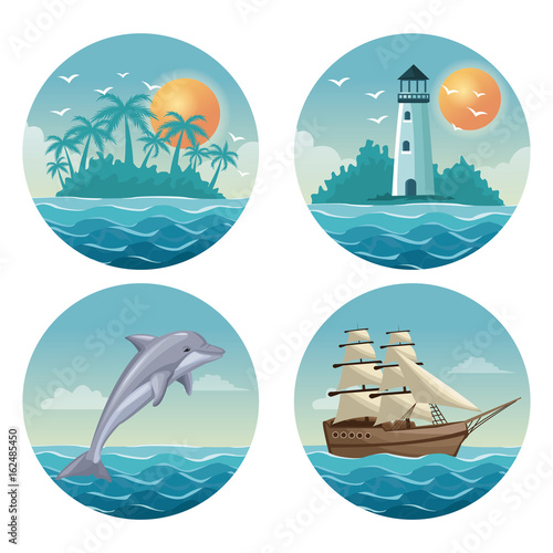 white background with colorful circular frames of set summer time ocean