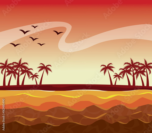 colorful poster sunset sky landscape of palm trees on the beach