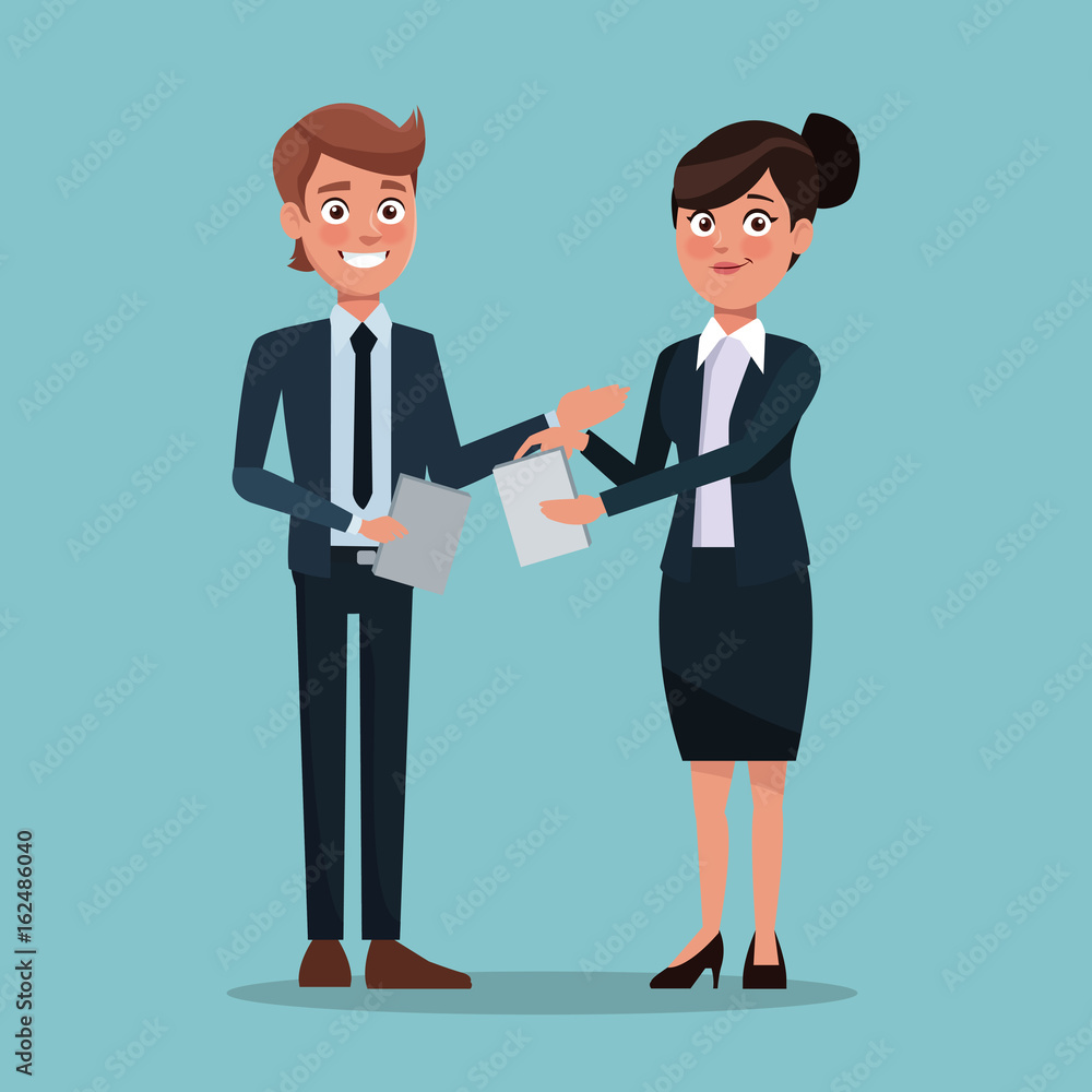 color background full body set couple of woman collected hair and man with documents color background full body set couple of woman collected hair and man with documents