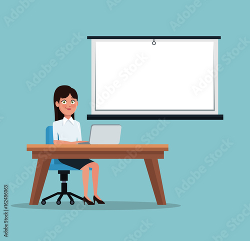 color background executive woman sitting in desk for work presentation