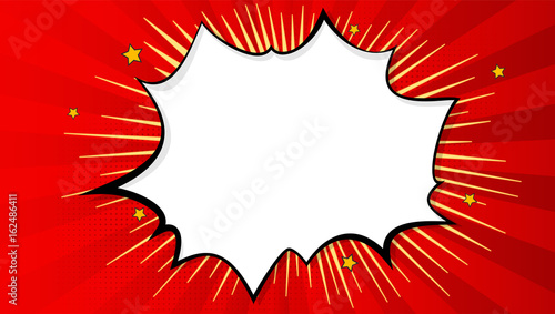 Pop art splash background, explosion in comics book style, blank layout template with halftone dots, clouds beams and isolated dots pattern on red backdrop. Vector template for ad, covers, posters.