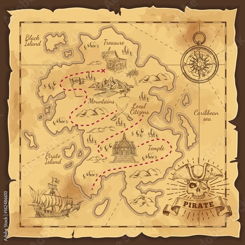 Pirate Treasure Map Hand Drawn Illustration