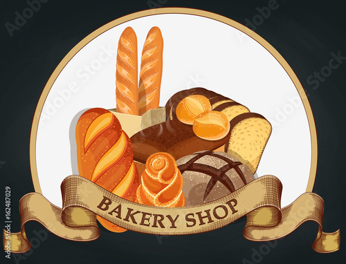 Baking shop emblem. Bread logo for bakery shop. Branding, label, bakery emblem design on dark background. Vector illustration