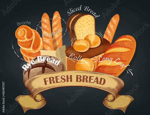 Fresh bread. Baking shop emblem. Bread logo for bakery shop. Branding, label, banner, assortment. Vector illustration
