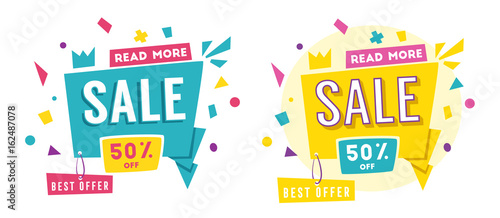 Sale banner. Bright and retro style. Cartoon vector illustration.