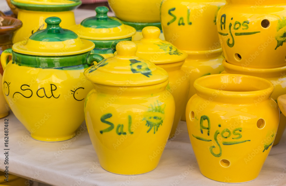 Colorful ceramic pots at the tourist market of Valencia