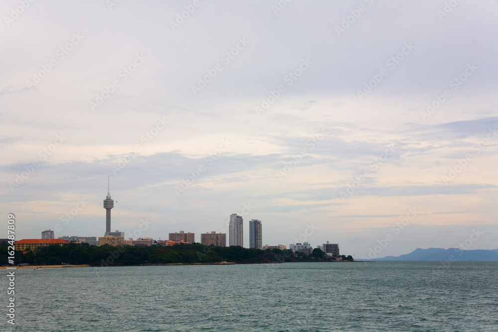 View from the sea to the city of Pattaya in Thailand.