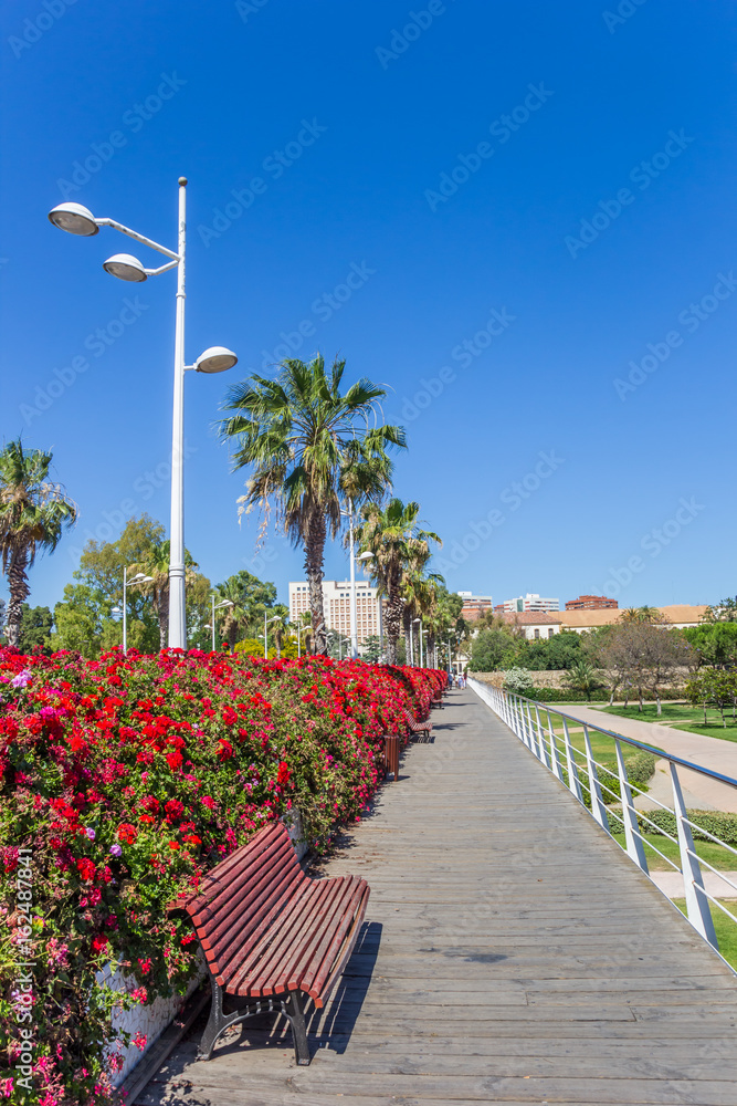 Red flowers and bench on the Puente de las flores bridge in Valencia