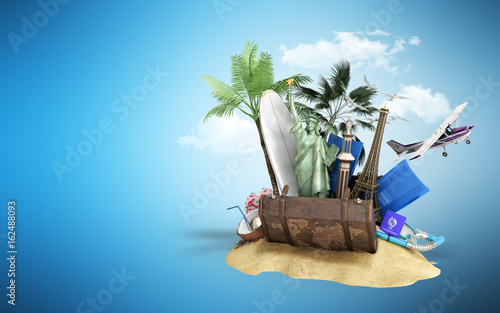 Concept of travel and tourism attractions and brown suitcase for travel 3D illustration on blue greadient photo