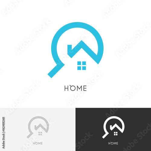 Home search logo - house with window and chimney and magnifier symbol. Estate agency, realty and real property vector icon.