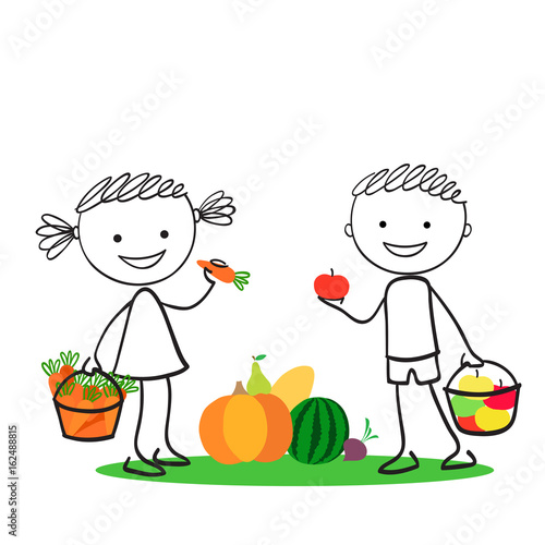 Boy and girl holding carrot and apples