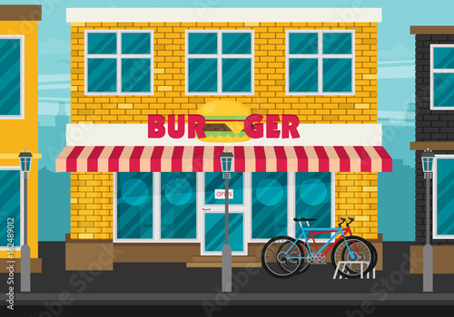 Facade of burger shop flat vector.