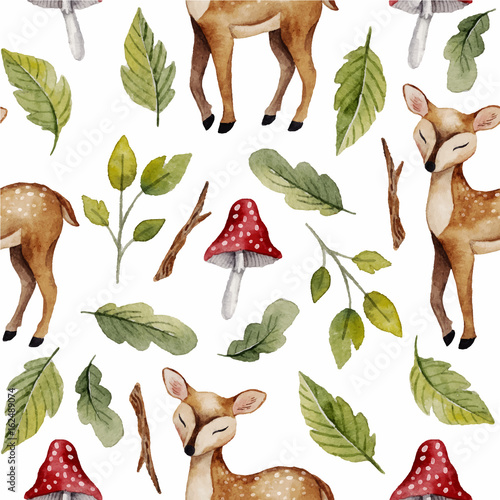 Obraz na płótnie Watercolor seamless pattern with deer ,mushrooms and other plants.