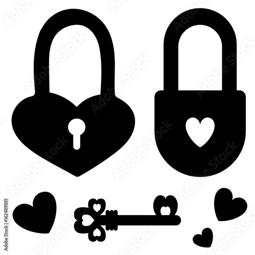 The image of two silhouettes of locks and a key of black color. One lock in the form of the heart, the second lock has a keyhole in the form of a heart