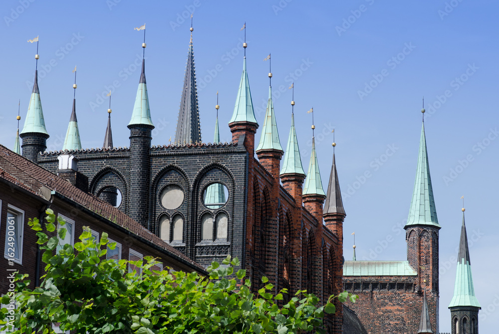 lübeck, town hall façade with tower tips, detail