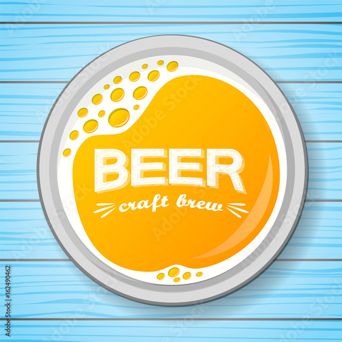 Poster with a glass of beer on blue wooden background. Vector.