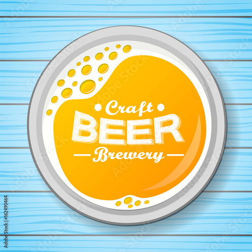 Poster with a glass of beer on blue wooden background. Vector.