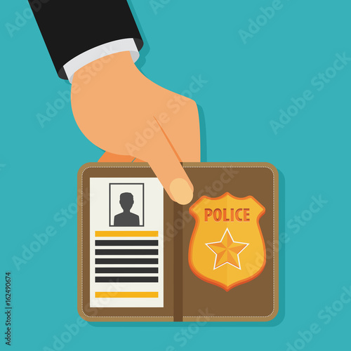 Police officer holds badge in hand. Vector illustration flat design.