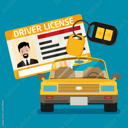 Car driver license identification with photo, keys and car.