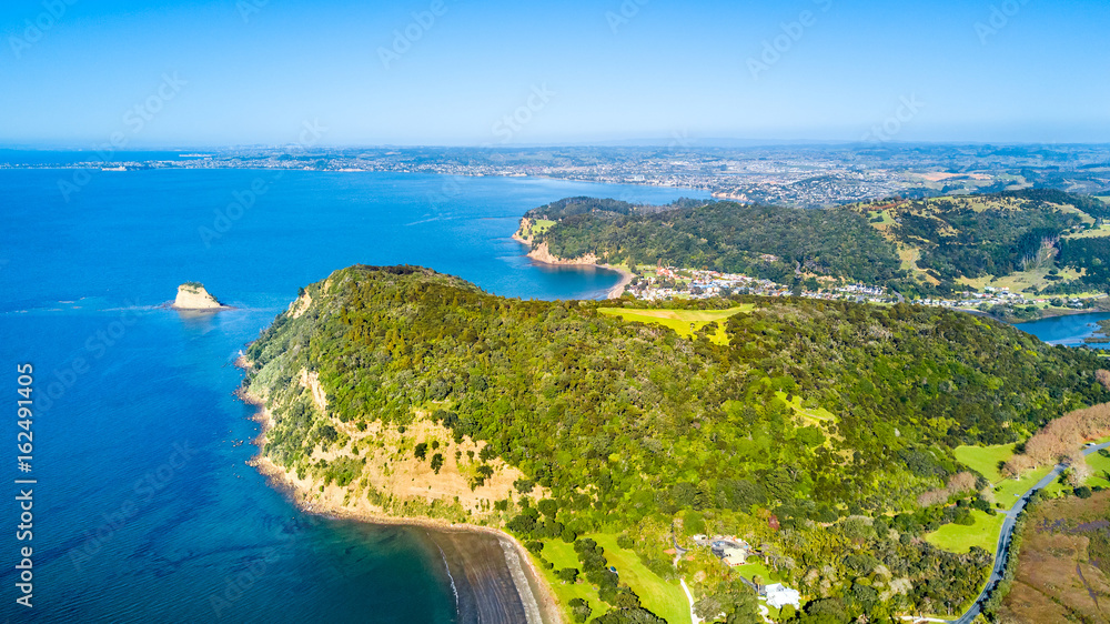 Aerial view on a coastal park area with cliff and forest and residential suburbs on the background. Auckland, New Zealand.