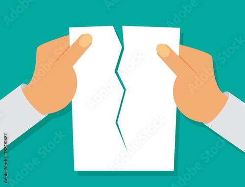 Flat style. Hands tearing apart a blank sheet of paper