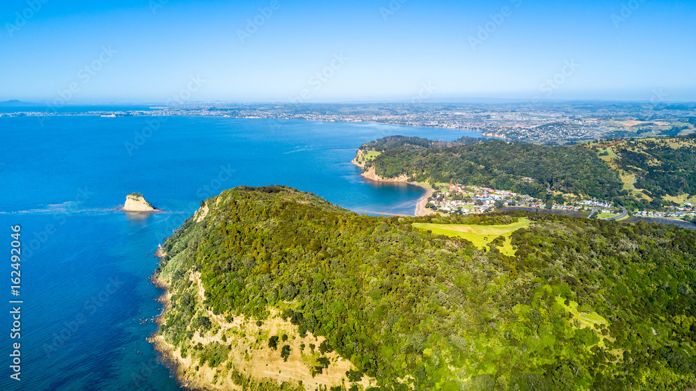 Aerial view on a coastal park area with cliff and forest and residential suburbs on the background. Auckland, New Zealand.