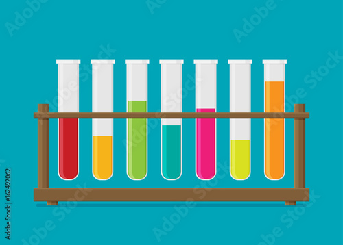 Flat vector multicolor test tubes liquid in rack.