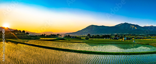 南阿蘇村_田植え後の田んぼに映える夕陽と阿蘇の風景