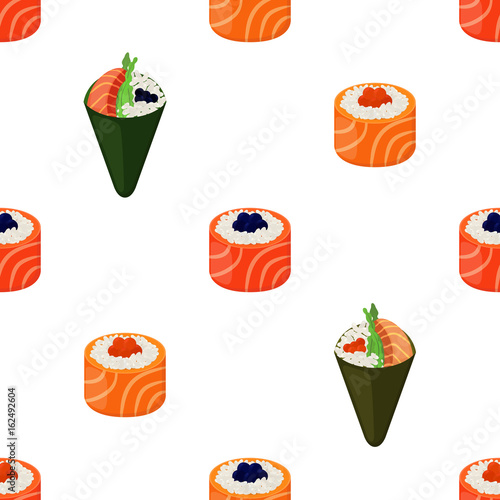 Sushi types - rolls, temaki seamless pattern. Cartoon flat style