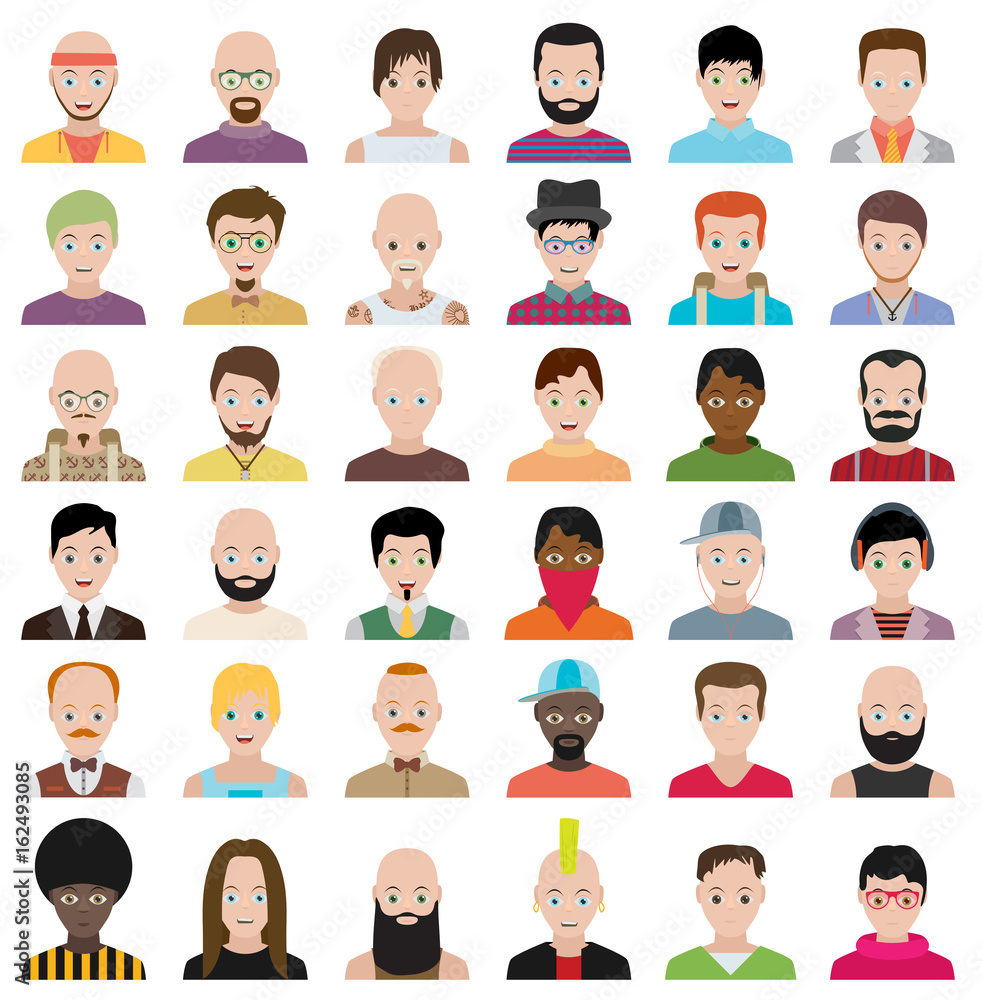 Set of people icons in flat style with faces. Vector men character Set of people icons in flat style with faces. Vector men character