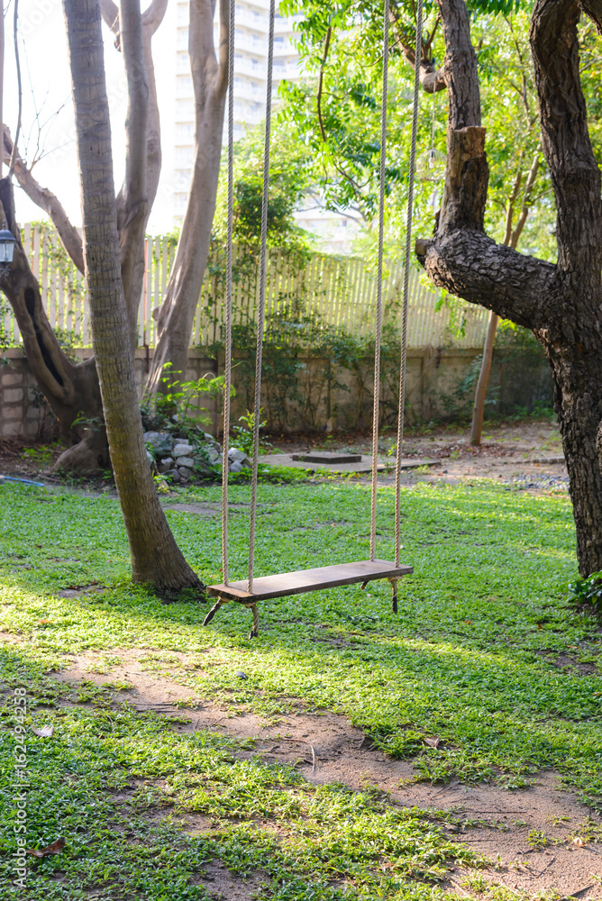 empty wooden swing hanging from a large tree with sunlight in the garden empty wooden swing hanging from a large tree with sunlight in the garden