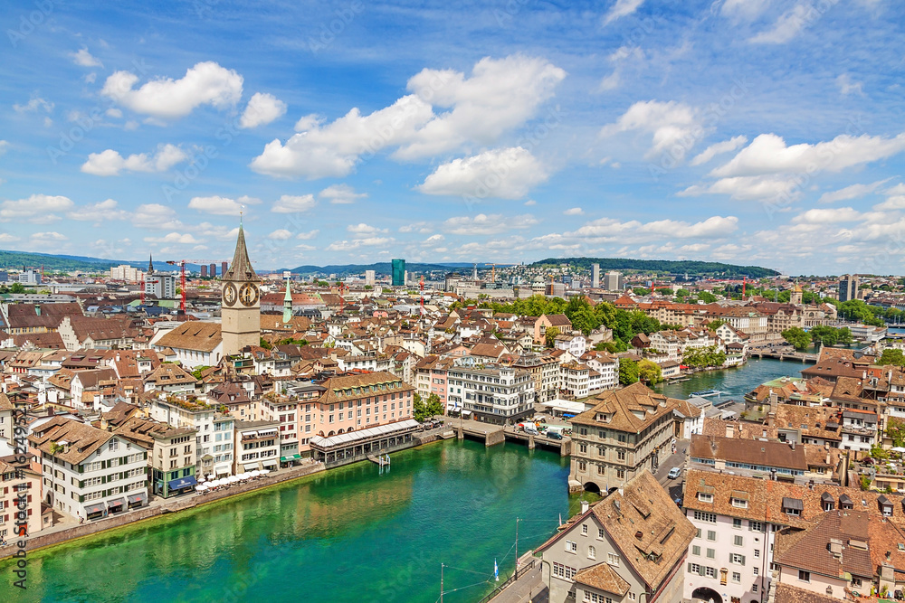 Zurich inner city / downtown, St. Peter church and town hall - aerial view towards bridge Rathausbrucke