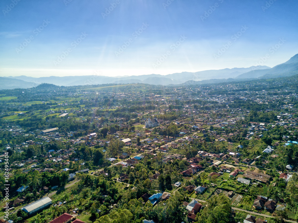 Aerial view of the town of Ruteng in western part of East Nusa Tenggara in Indonesia.