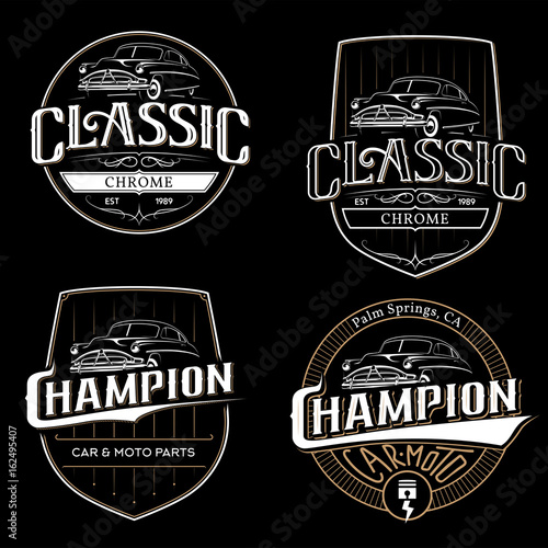 Set of old classic car typography emblems, badges and logo on black background.