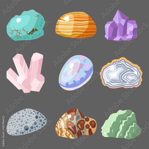 Semi precious gemstones stones and mineral stone isolated dice colorful shiny crystalline vector illustration