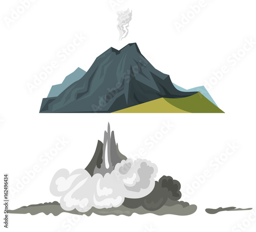Volcano magma nature blowing up with smoke volcanic eruption lava mountain vector illustration