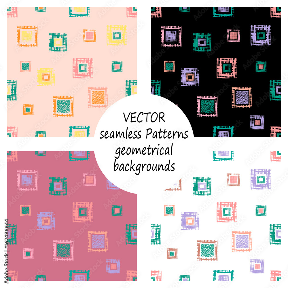 Fototapeta premium Set of seamless vector geometrical patterns with geometric figures, forms. pastel endless background with hand drawn textured geometric figures. Graphic vector illustration