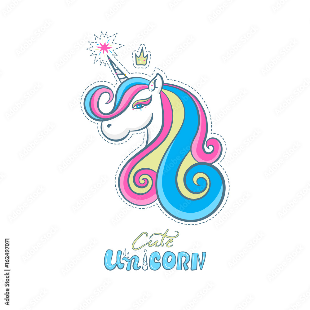 Fototapeta premium Vector illustration cute unicorn, sticker, icon isolated, cartoon. Head portrait horse. Print design a child's T-shirt. The handwritten short phrases.