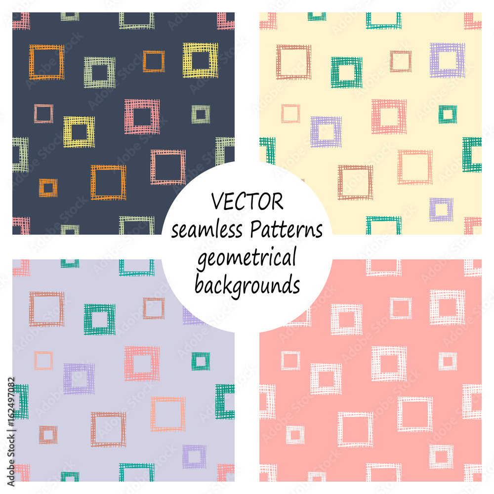 Set of seamless vector geometrical patterns with geometric figures, forms. pastel endless background with hand drawn textured geometric figures. Graphic vector illustration