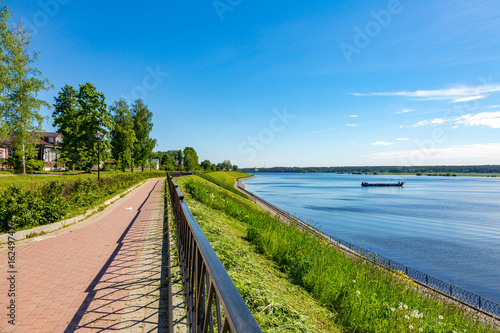 The shore of the grandiose Russian Volga river near the town of Myshkin on a summer day. Yaroslavl region 