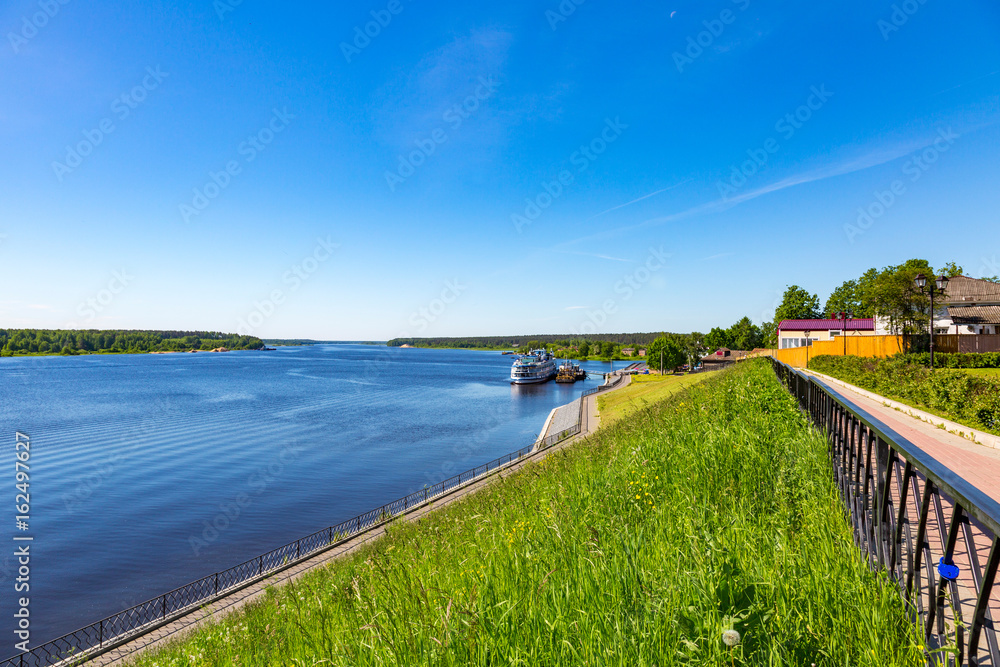 The shore of the grandiose Russian Volga river near the town of Myshkin on a summer day. Yaroslavl region
