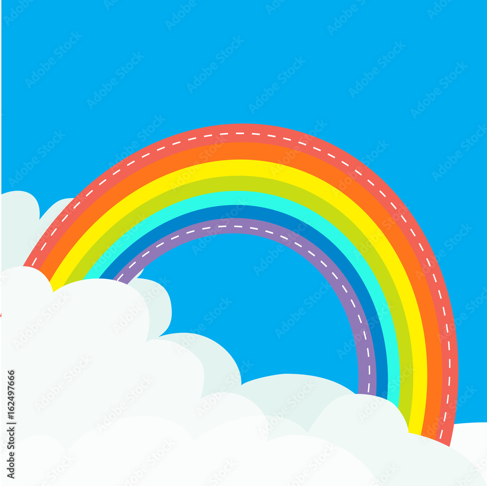 Rainbow in the sky. Dash line contour. Fluffy cloud in corners. Cloudshape. Cloudy weather. LGBT gay symbol sign. Flat design. Blue background. Isolated Rainbow in the sky. Dash line contour. Fluffy cloud in corners. Cloudshape. Cloudy weather. LGBT gay symbol sign. Flat design. Blue background. Isolated