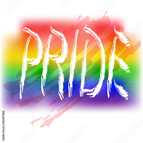  Handwritten text Pride.   Original symbol for gay parade. Rainbow flag background.  Vector designe.